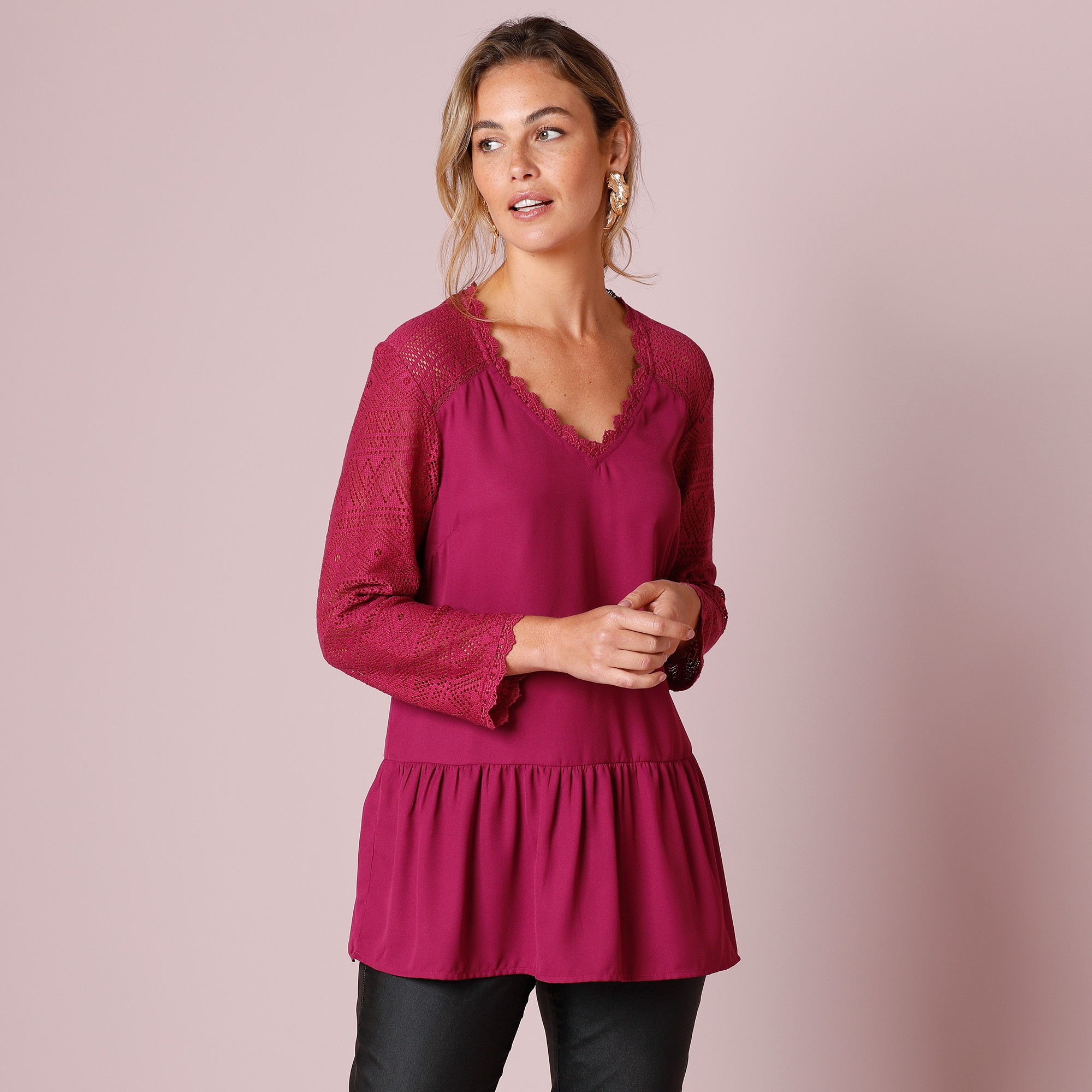 Blouse Volantée Dos Dentelle, Manches 3/4 - Blancheporte