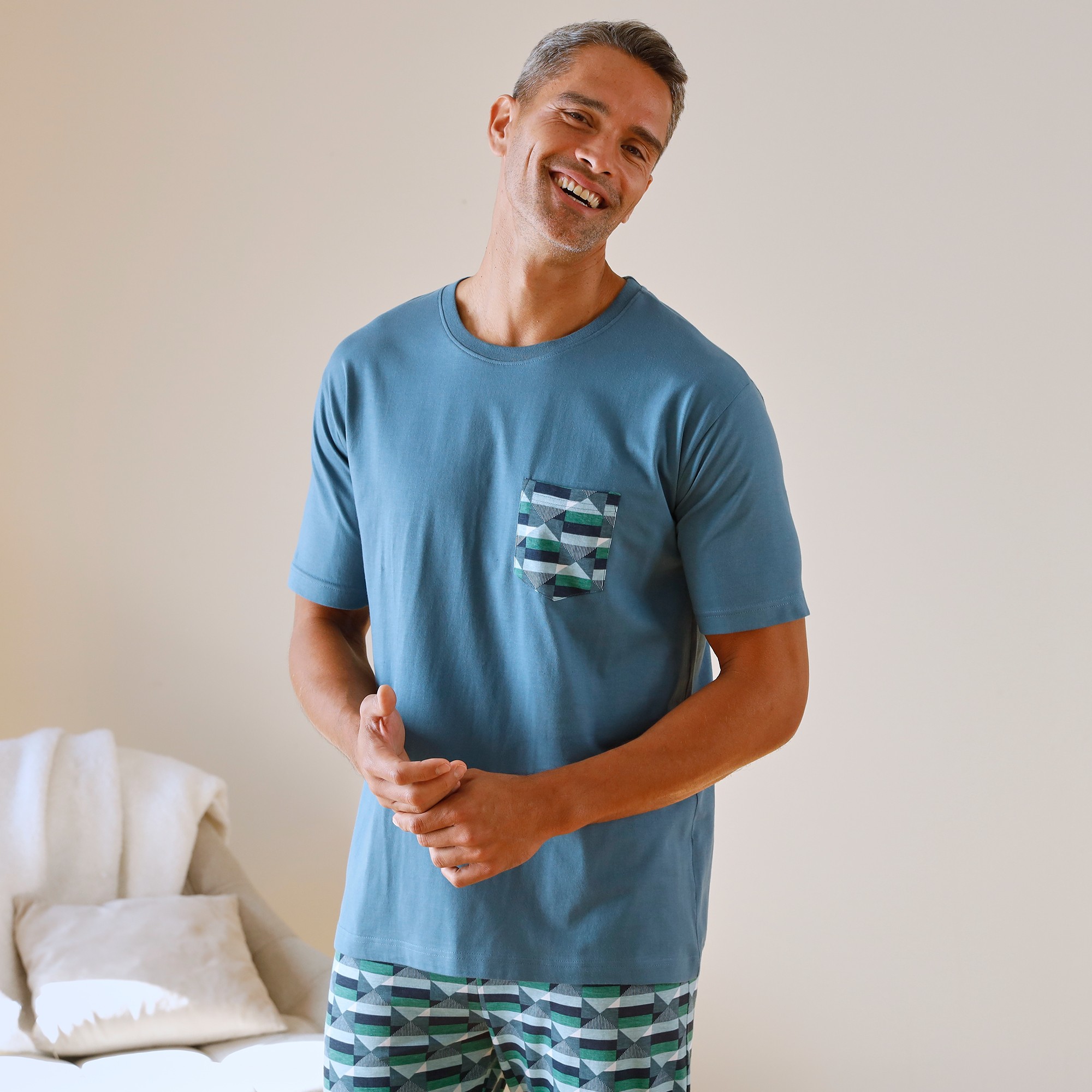 T-shirt Pyjama Manches Courtes Bleu - Blancheporte