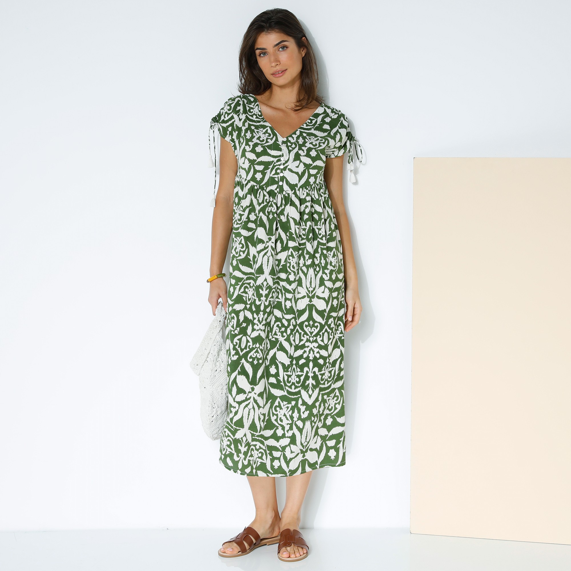 Robe Longue Manches Courtes, Imprimé Ethnique Bicolore - Blancheporte