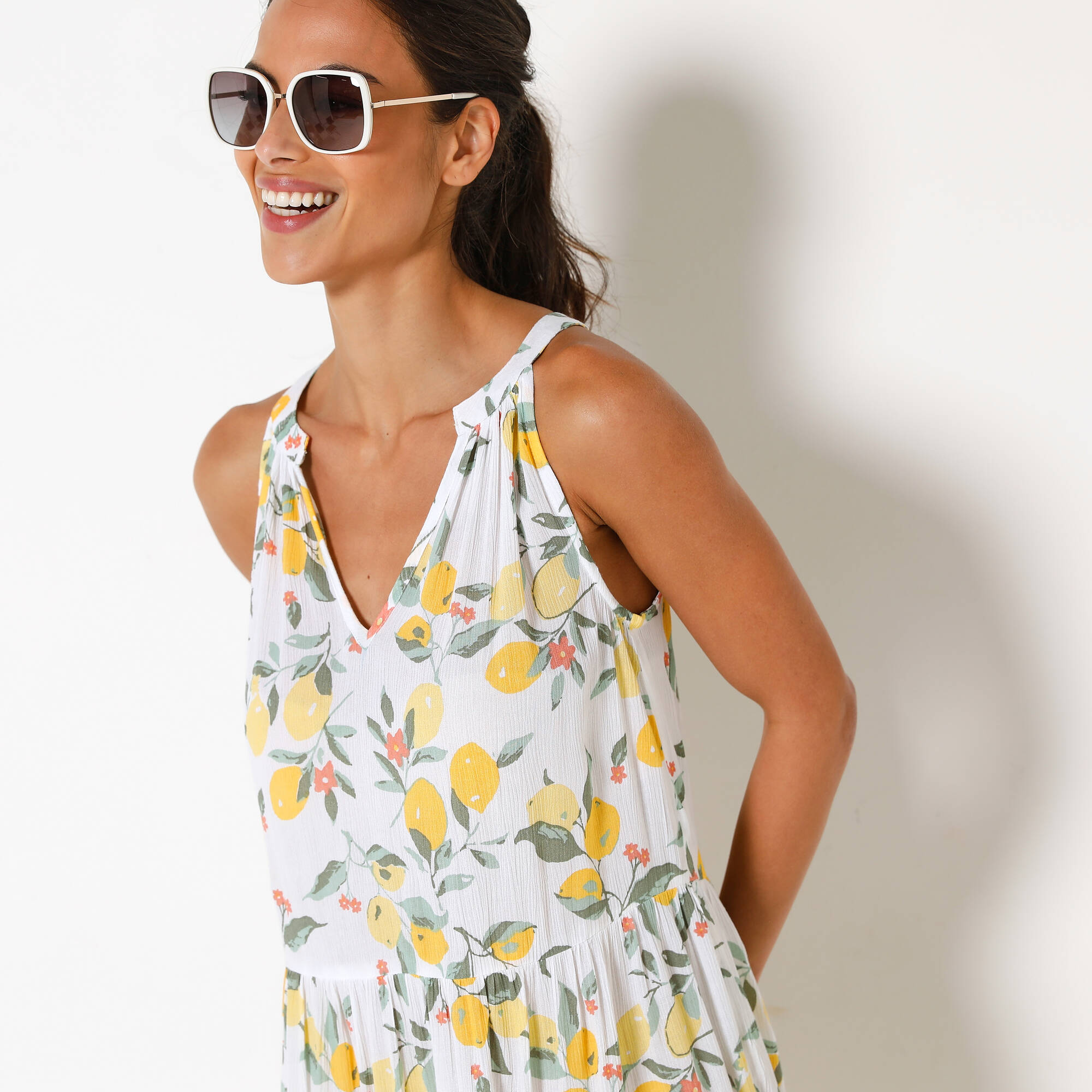 Robe volants imprim citrons emmanchures amricaines crpon - Blancheporte 36$