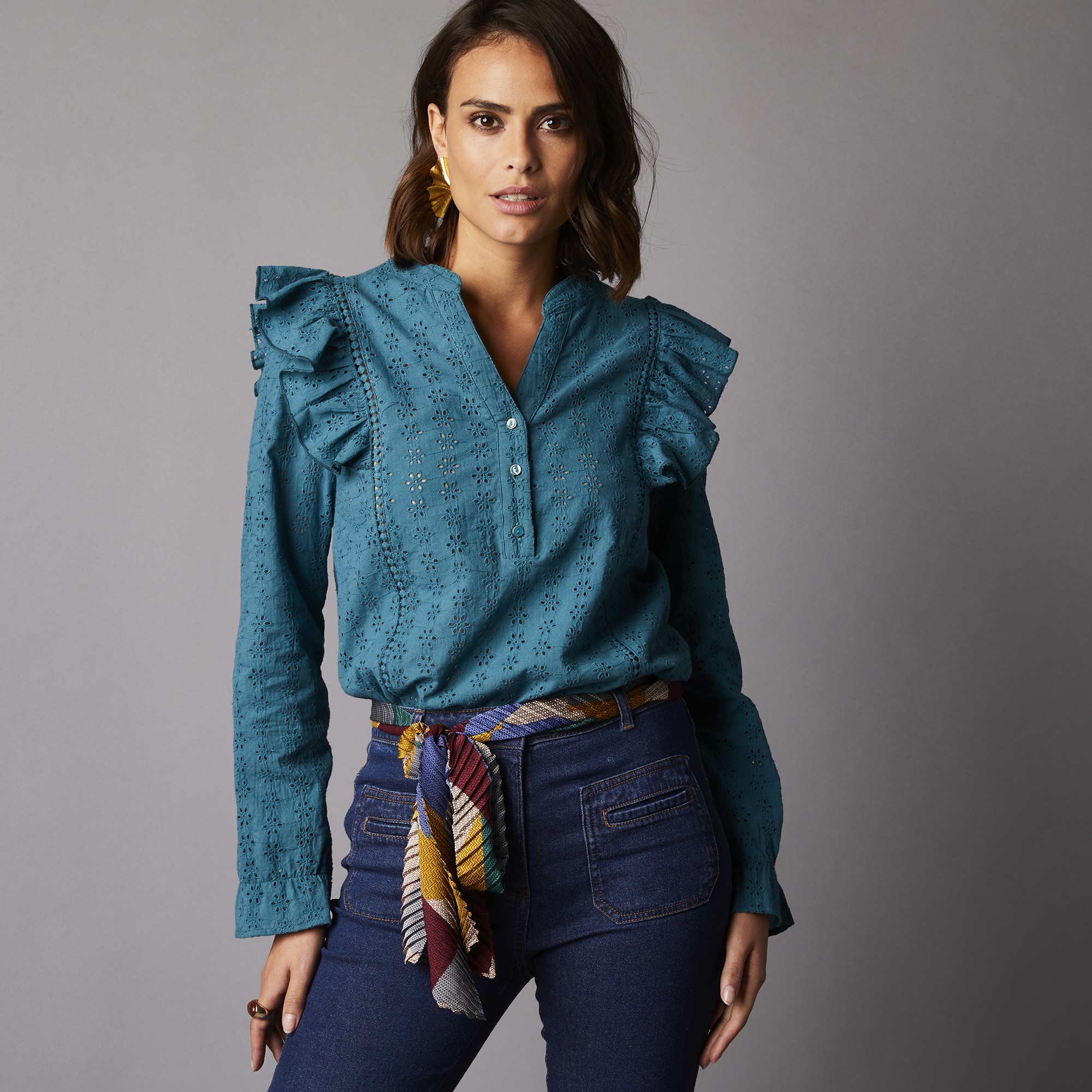 Blouse Volantée En Broderie Anglaise, Manches Longues Élastiquées - Blancheporte