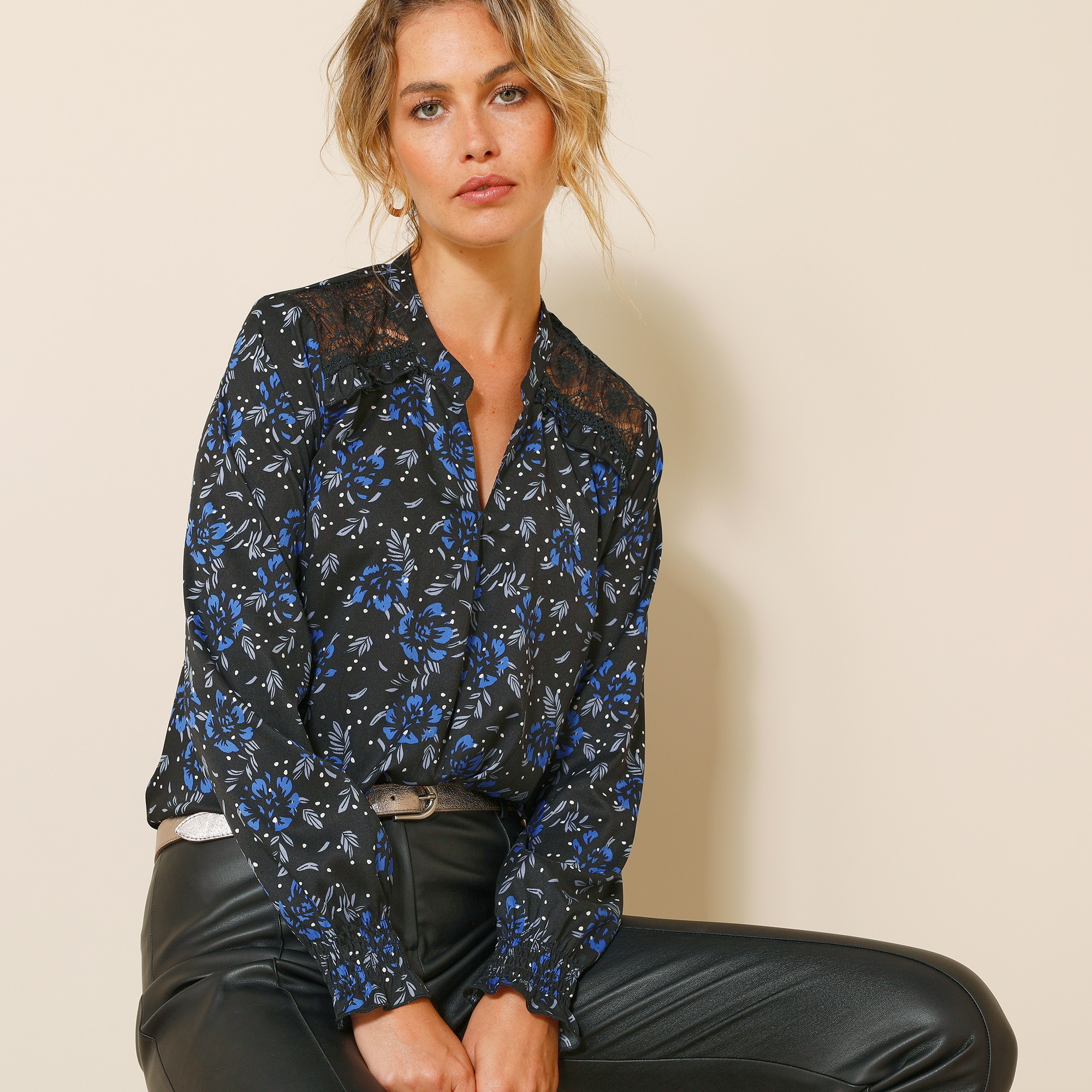 Blouse Dentelle Manches Longues Imprimé Fleuri - Blancheporte