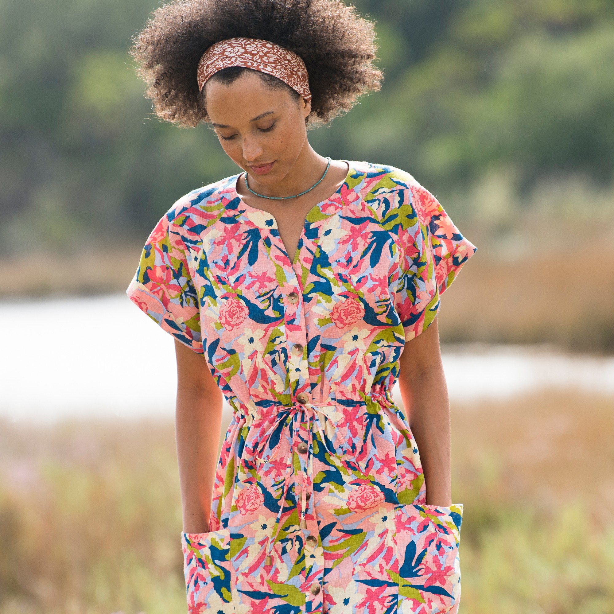 Robe midi boutonnee imprimee coton lin