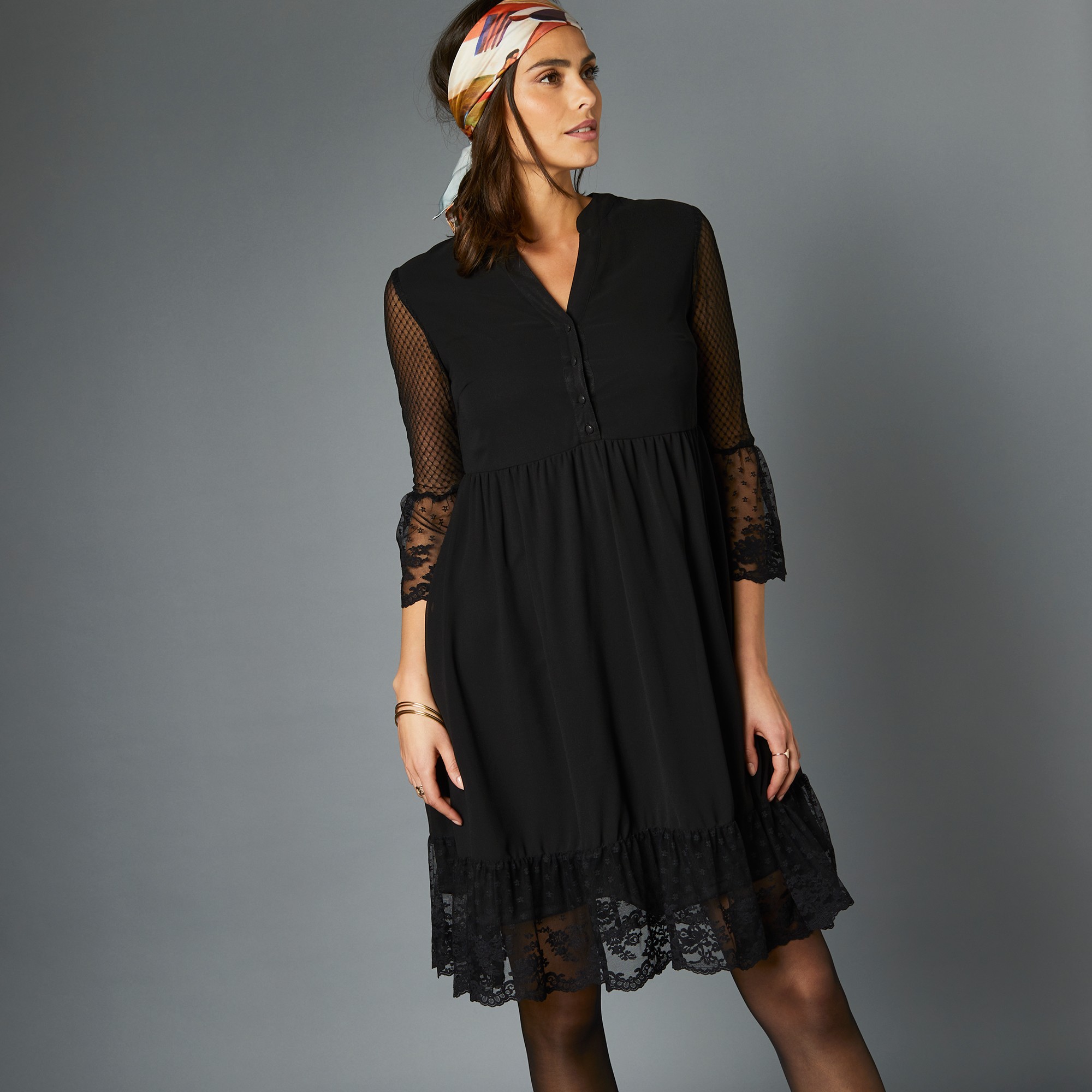 Robe dentelle manches 3 4 unie