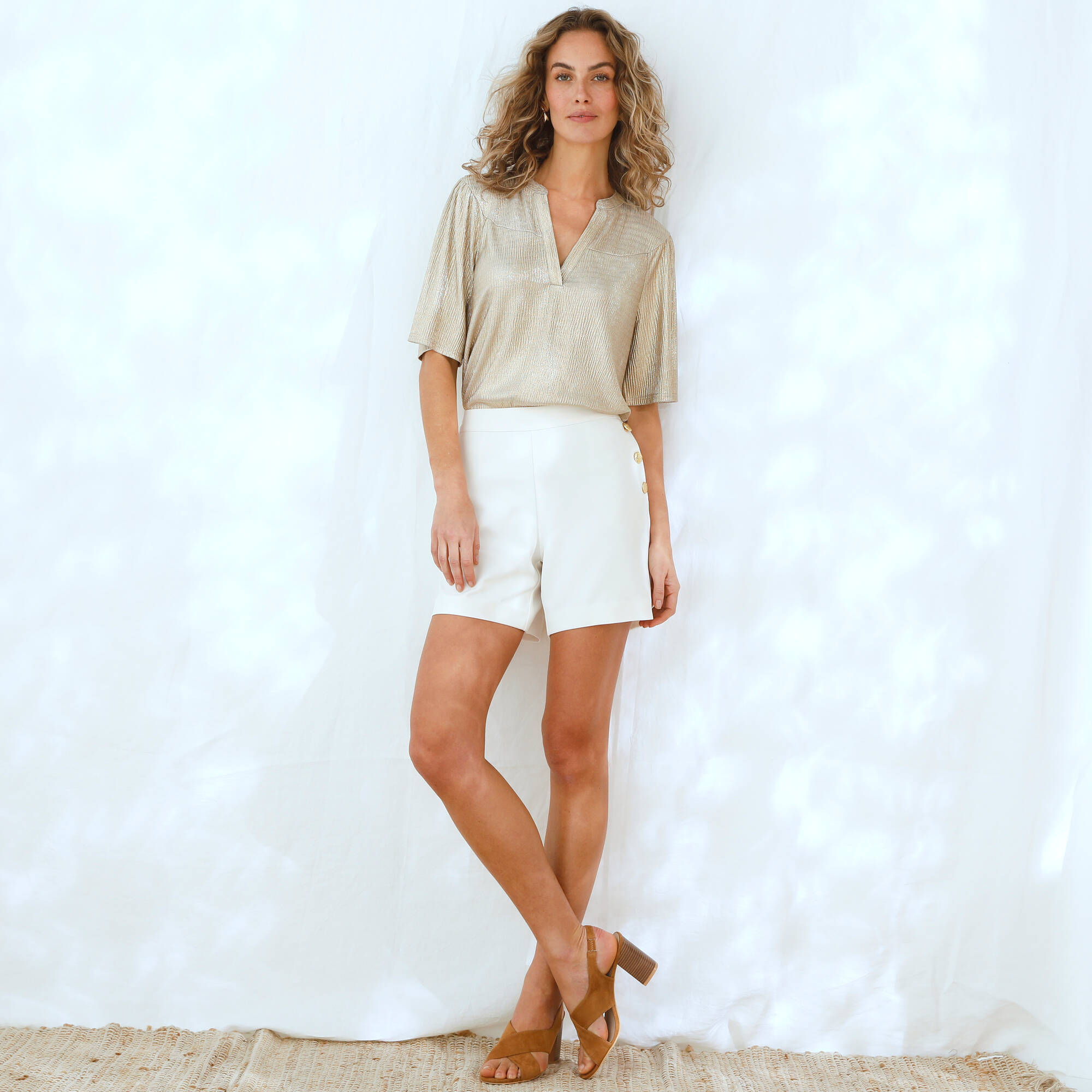 T-shirt dor manches coude maille fantaisie plisse - Blancheporte 36$