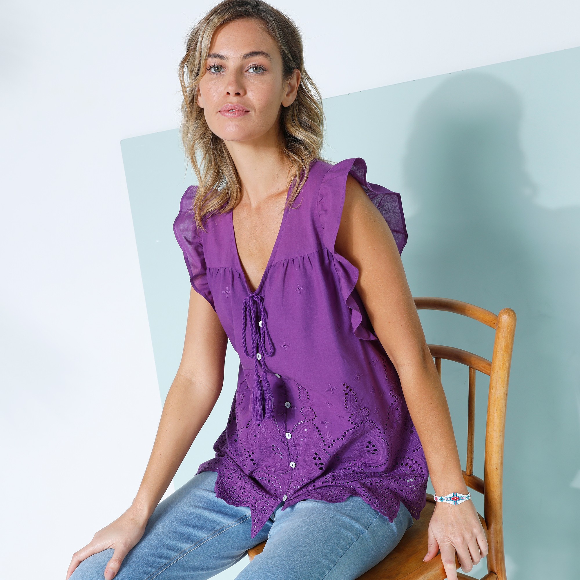 Chemisier Boutonné Uni, Broderie Anglaise - Blancheporte