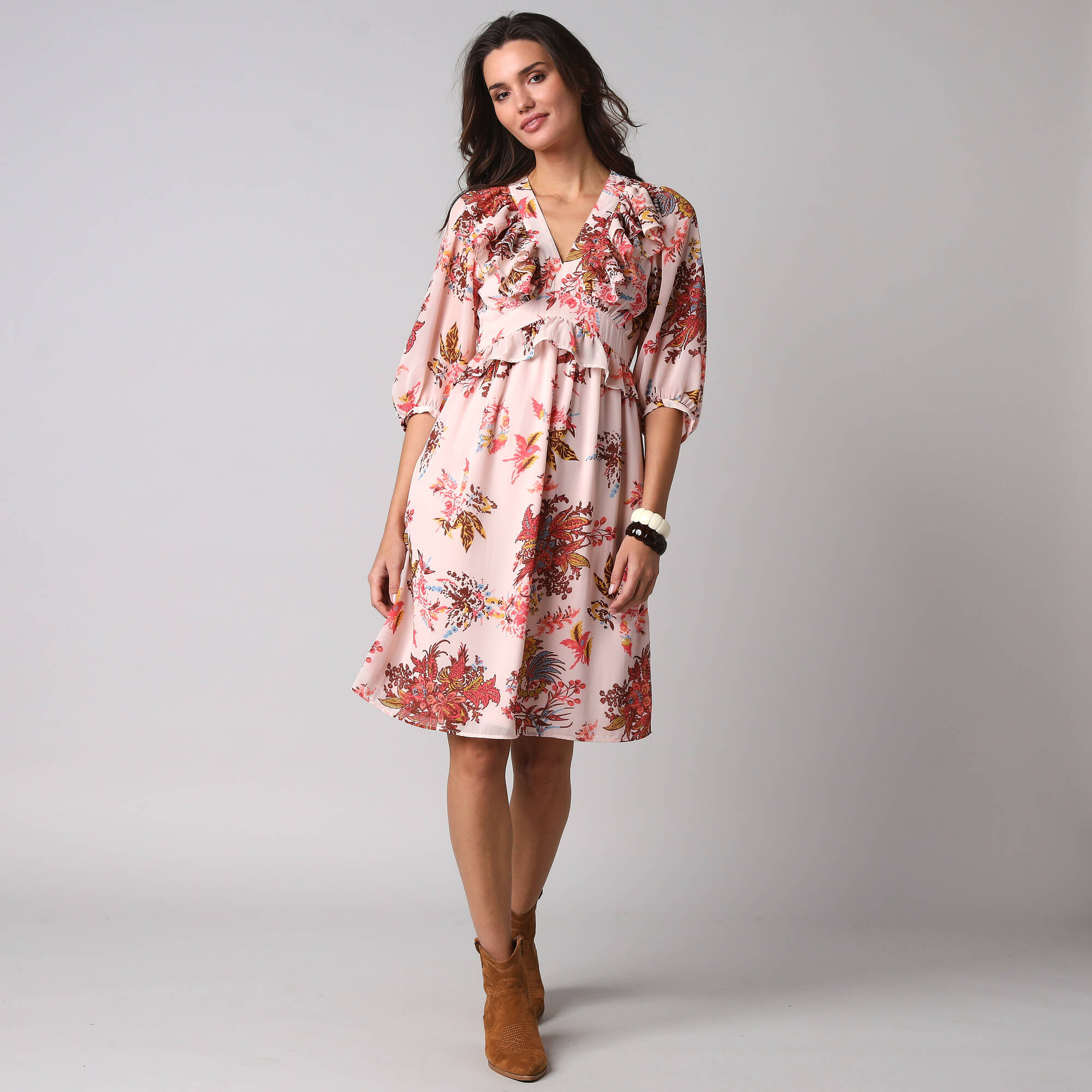 Robe courte volantée à manches 3/4 ballon, voile imprimé fleuri - Blancheporte